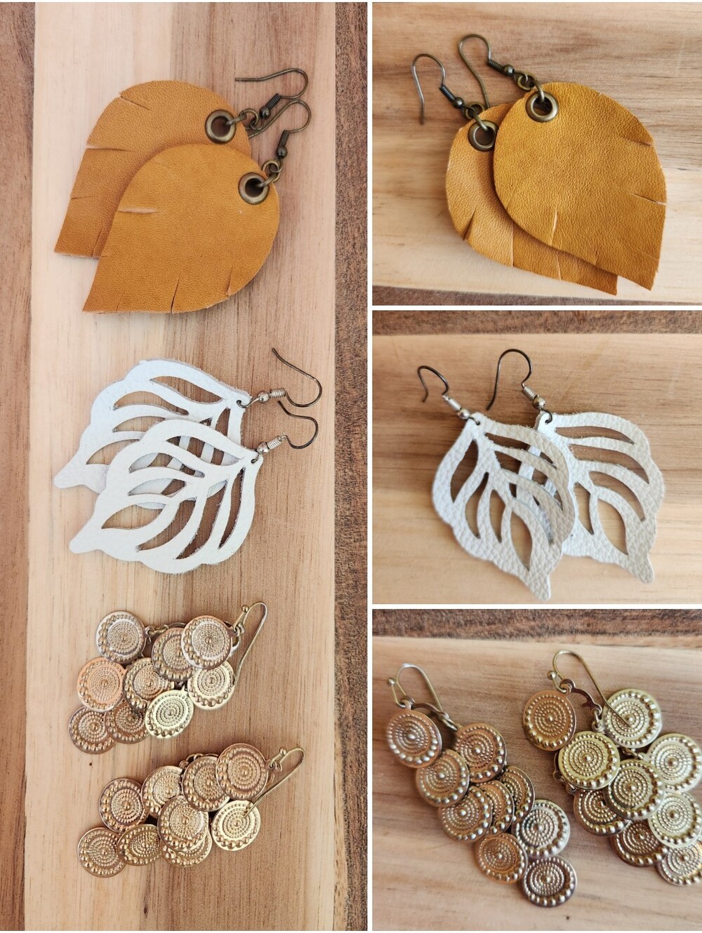 BOHO ARTISAN LEATHER GOLD EARRING BUNDLE SET OF 3 PAIRS